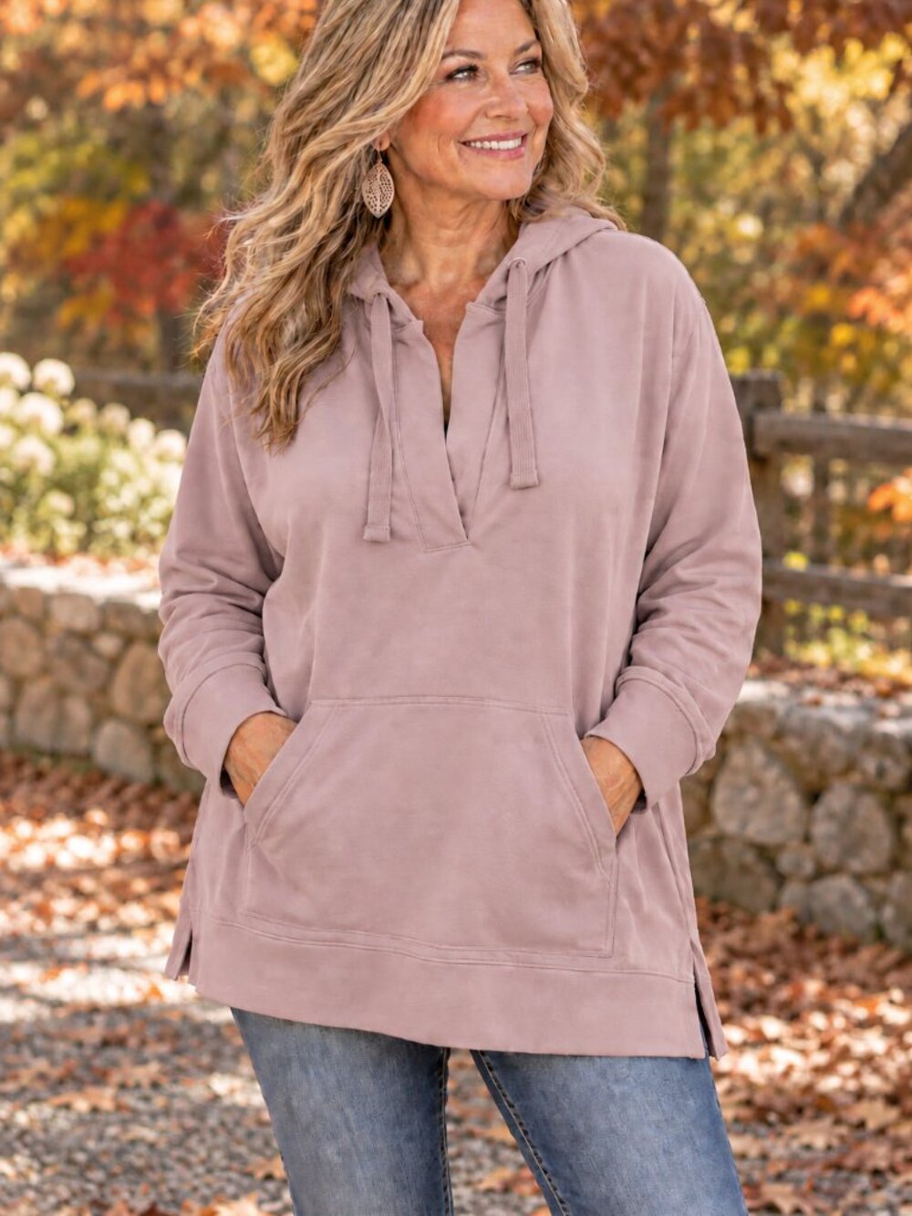 LIVE-IN Sweatshirt Hooded w/Kangaroo Pockets French Terry Dusty Pink XXL